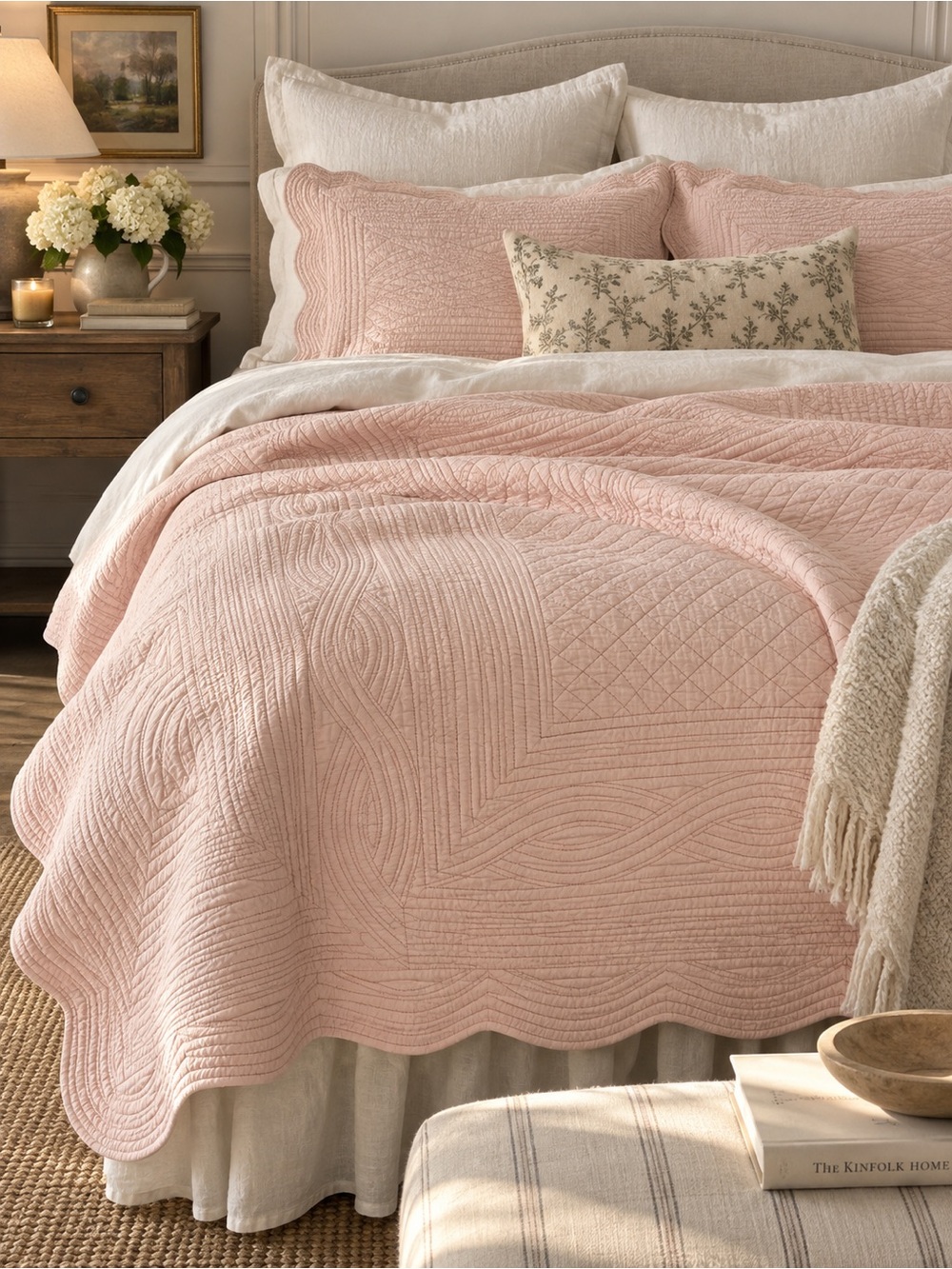 Blush Pink Scalloped Full/Double Quilt Coverlet – Cottagecore Bedding 85” x 81”